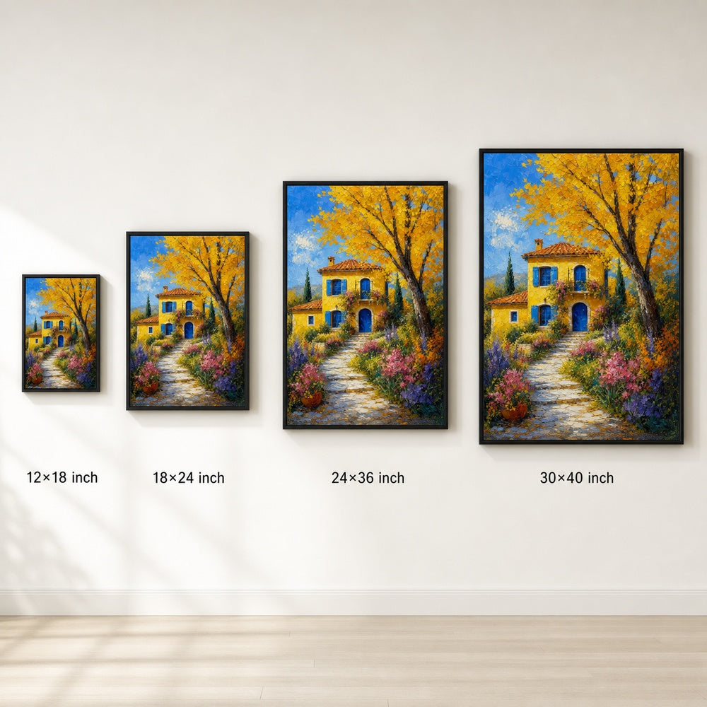 Yellow Country Villa Autumn Tree Wall Art floating frame wall art - 06