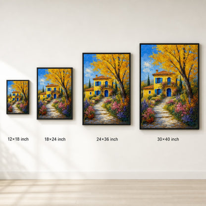 Yellow Country Villa Autumn Tree Wall Art floating frame wall art - 06