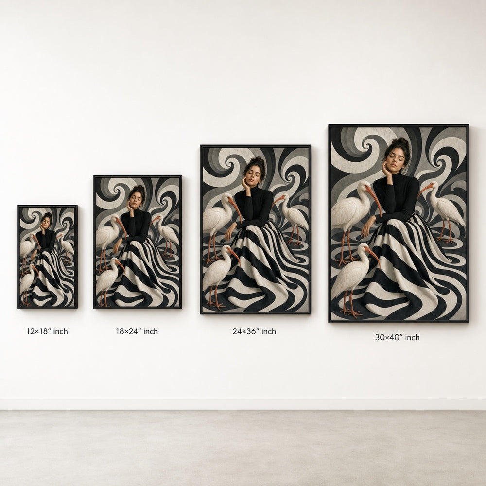 Woman Black White Stripes White Birds Wall Art floating frame wall art - 06