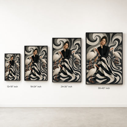 Woman Black White Stripes White Birds Wall Art floating frame wall art - 06