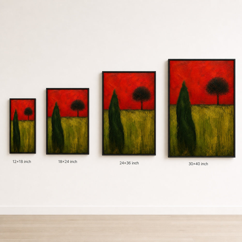 Green Organic Shape Red Sky Tree Expressionist Wall Art floating frame wall art - 06