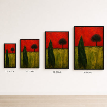 Green Organic Shape Red Sky Tree Expressionist Wall Art floating frame wall art - 06