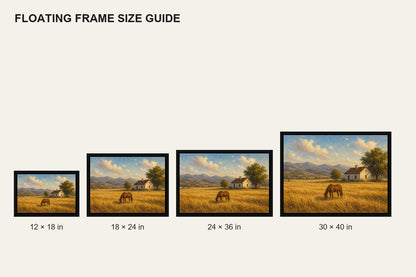 Golden Field Horse and Farmhouse Floating Frame Wall Art - 06_size_comparison