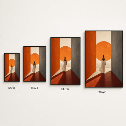 Woman White Dress Orange Sun Corridor Wall Art floating frame wall art - 06