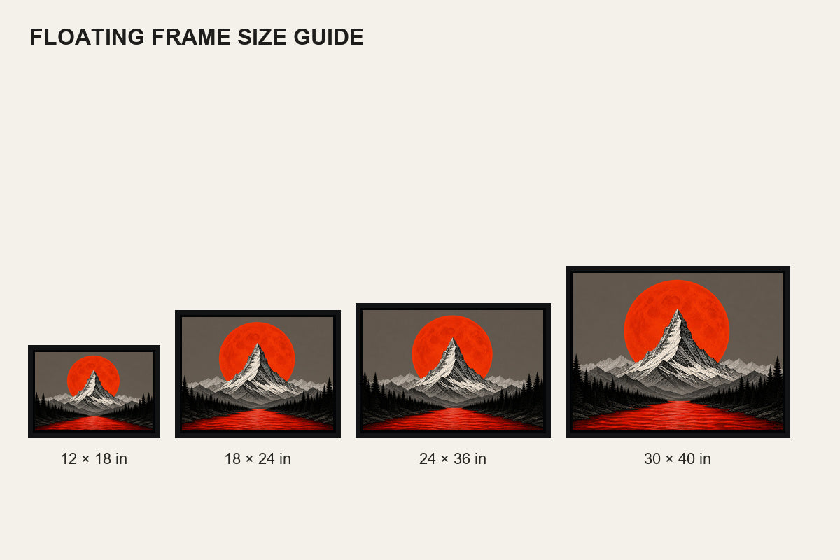 Orange Moon Red River Mountain Floating Frame Wall Art - 06_size_comparison