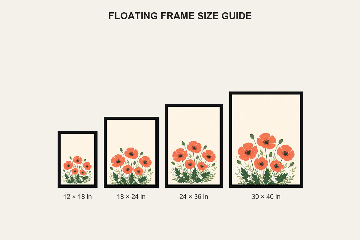 Five Coral Poppies Botanical Floating Frame Wall Art - 06_size_comparison