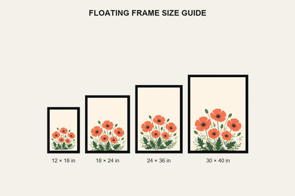 Five Coral Poppies Botanical Floating Frame Wall Art - 06_size_comparison