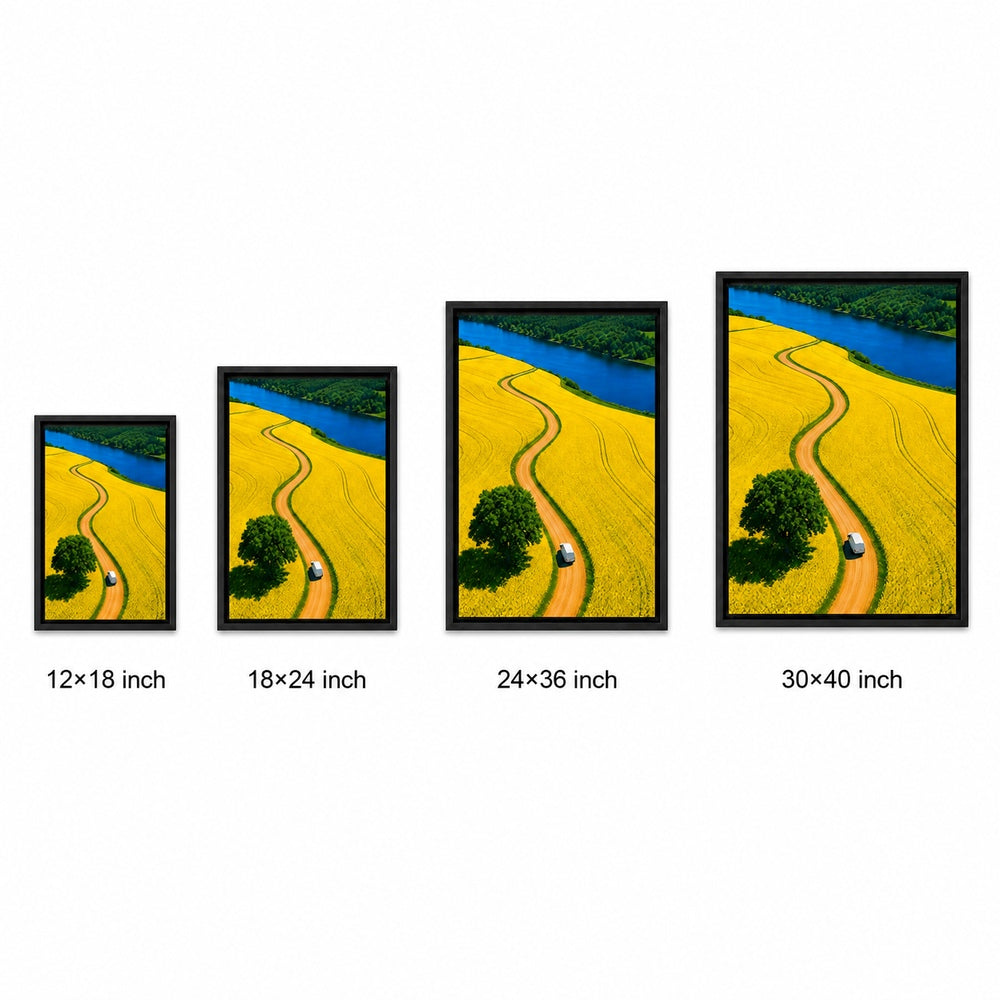 White Van Through Golden Fields Floater Frame Canvas Wall Art — size comparison in a floater frame