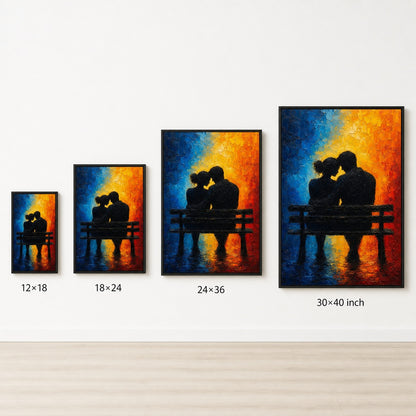 Couple Silhouette Bench Cold Warm Impasto Wall Art floating frame wall art - 06