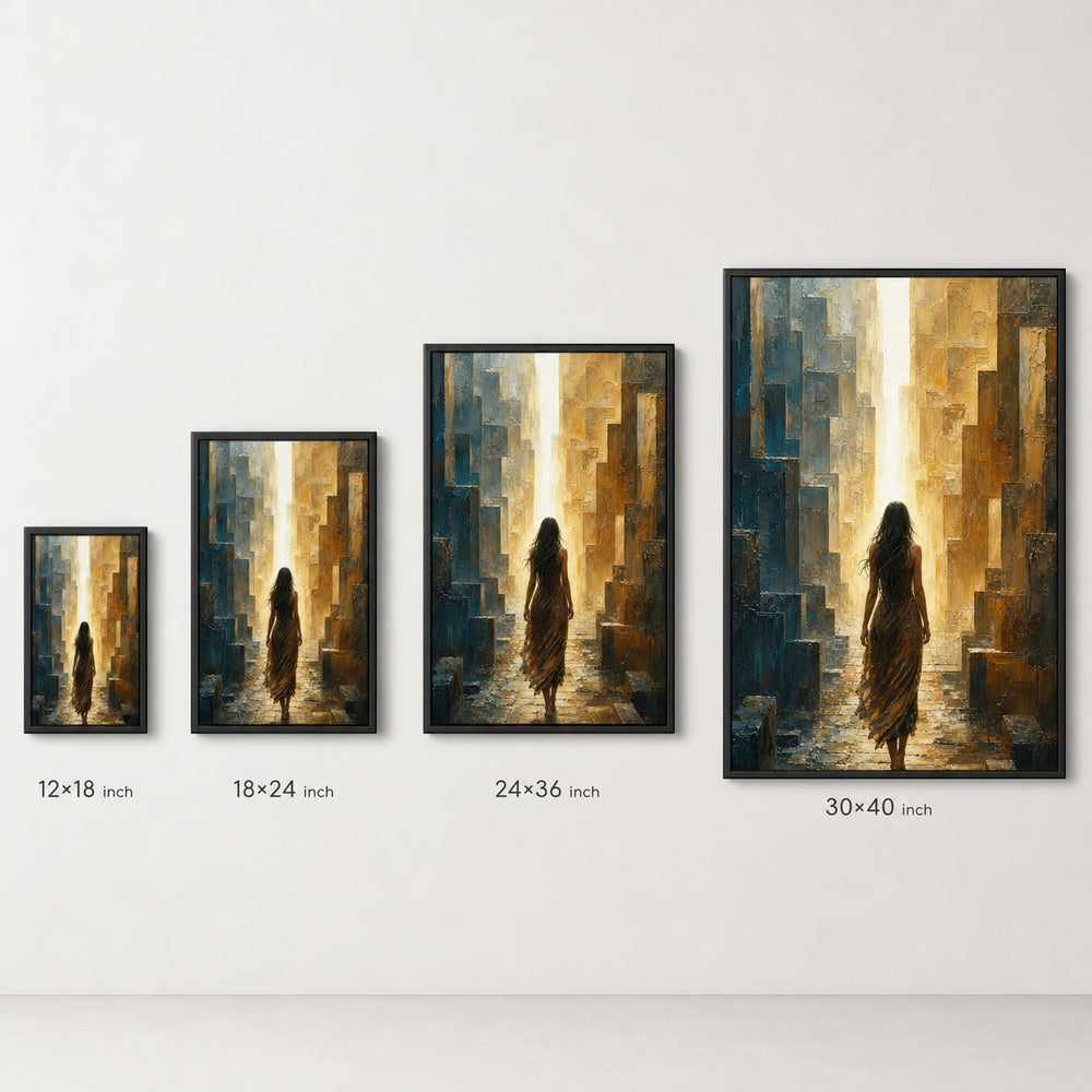 Woman Walking To Vertical Light Maze Wall Art floating frame wall art - 06