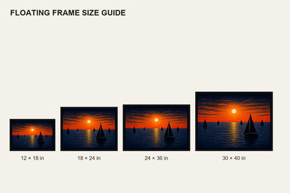 Five Sailboats Sunset Woodcut Floating Frame Wall Art - 06_size_comparison