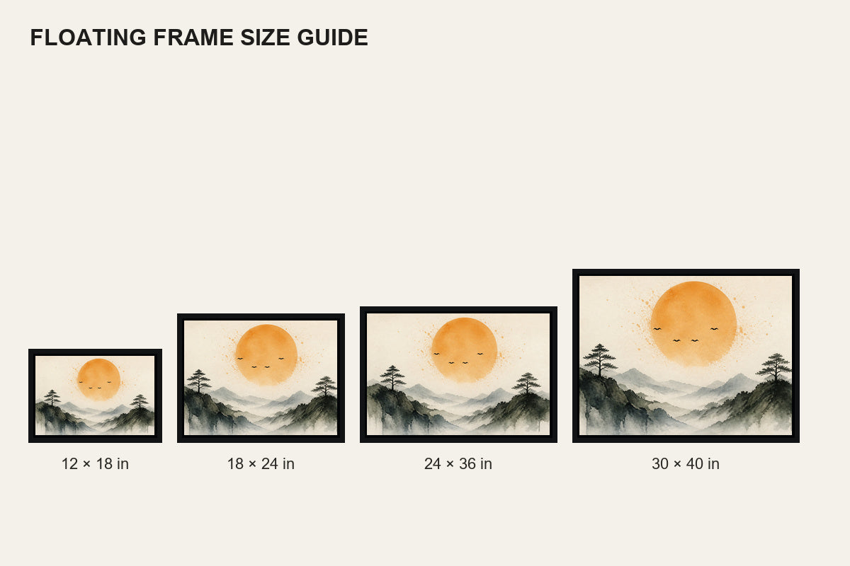 Amber Sun Pine Mountain Watercolor Floating Frame Wall Art - 06_size_comparison