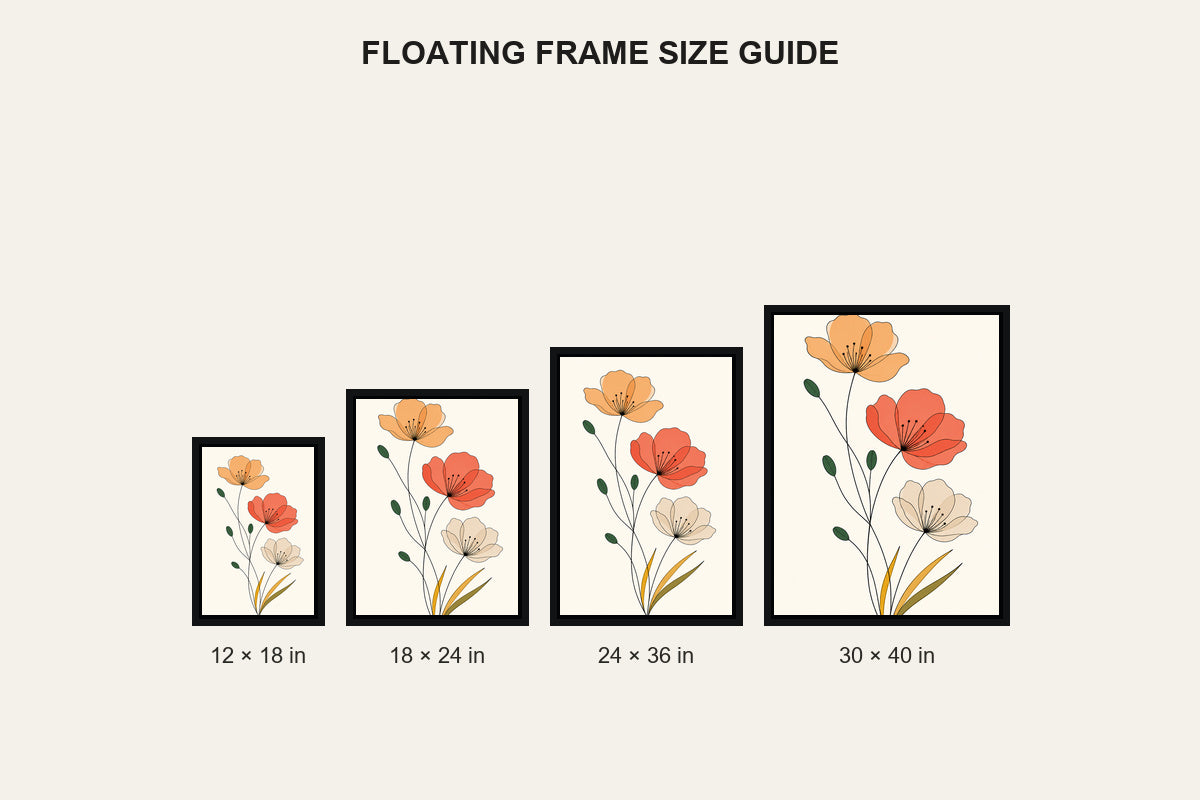 Minimalist Three Flowers Line Art Floating Frame Wall Art - 06_size_comparison