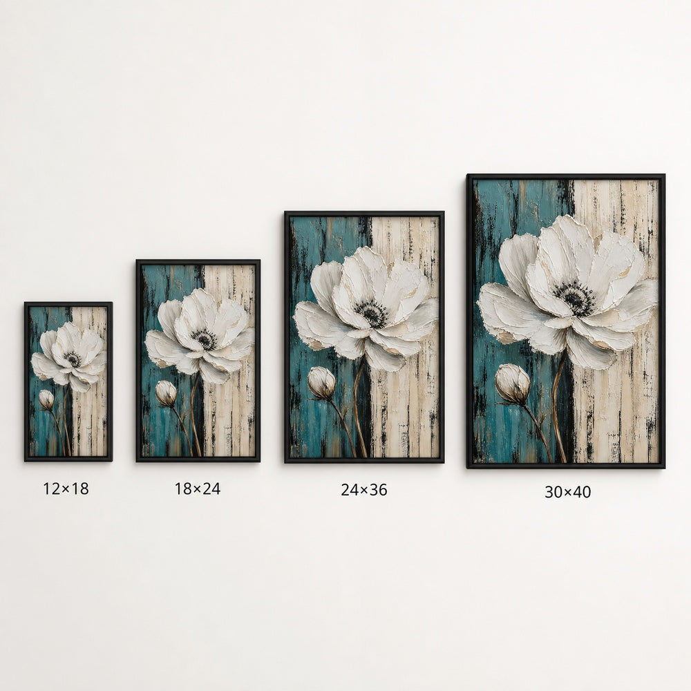 White Flower Blue Beige Stripes Wall Art floating frame wall art - 06