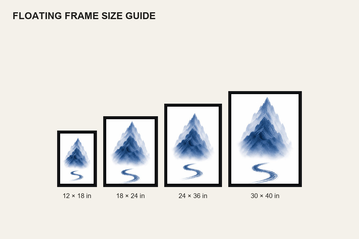 Blue Ink Wash Mountain Floating Frame Wall Art - 06_size_comparison