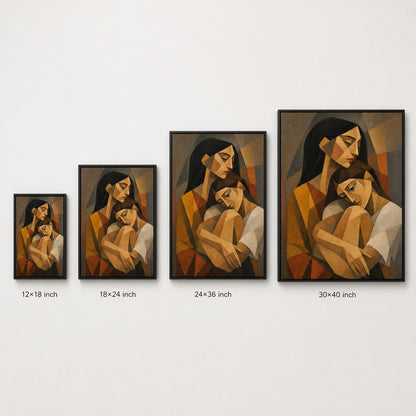 Cubist Two Women Embrace Earthtone Wall Art floating frame wall art - 06