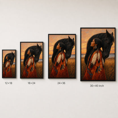 Indigenous Woman and Black Horse Wall Art floating frame wall art - 06