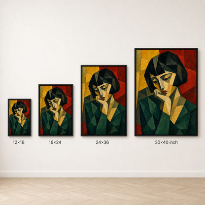 Cubist Woman Bob Green Red Yellow Wall Art floating frame wall art - 06