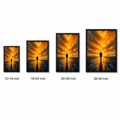Solitary Man on Golden Horizon Floater Frame Canvas Wall Art — size comparison in a floater frame