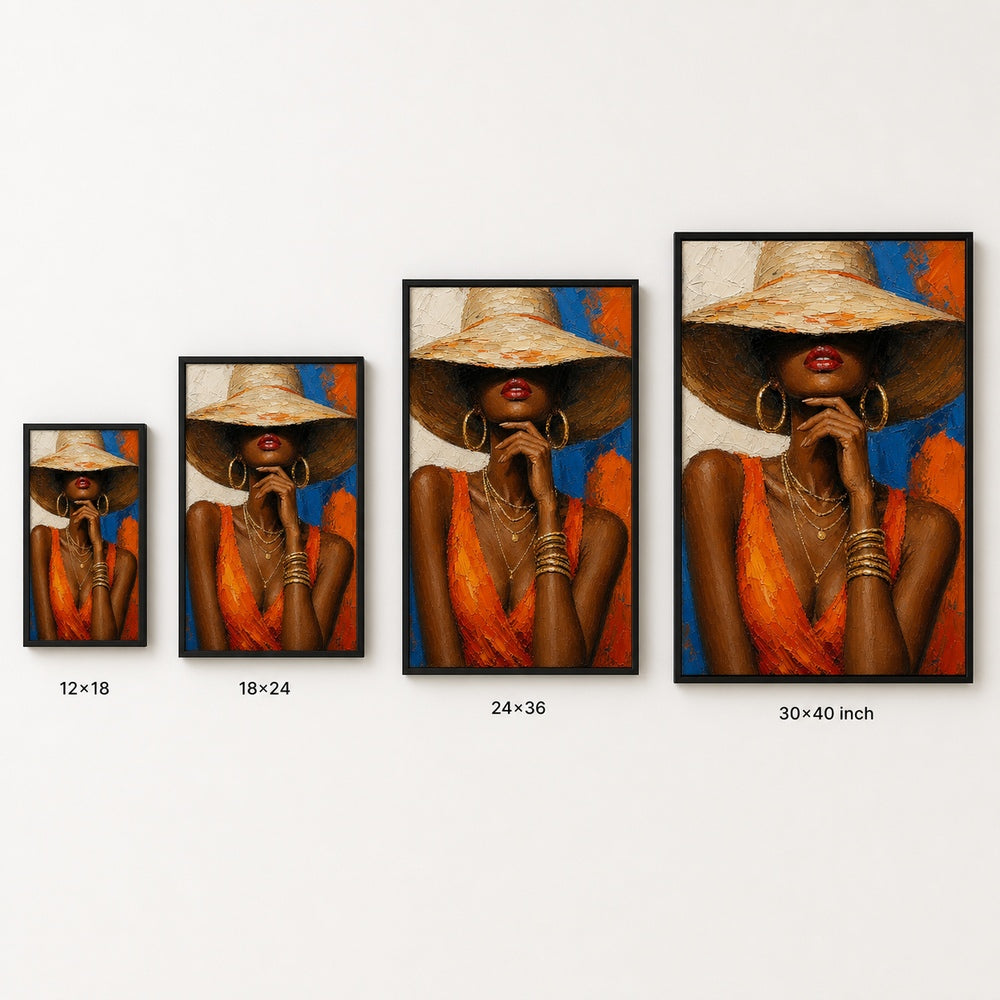 Black Woman Hat Orange Fashion Impasto Wall Art floating frame wall art - 06