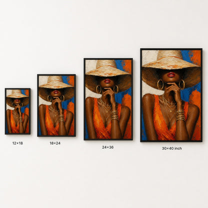 Black Woman Hat Orange Fashion Impasto Wall Art floating frame wall art - 06