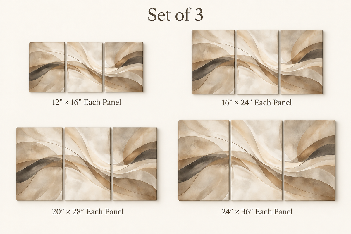 Warm Neutral Sweeping Forms Abstract Triptych Wrapped Canvas Wall Art - 06_four_size_comparison