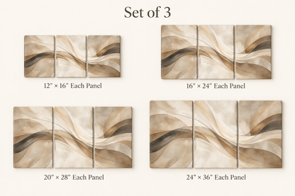 Warm Neutral Sweeping Forms Abstract Triptych Wrapped Canvas Wall Art - 06_four_size_comparison