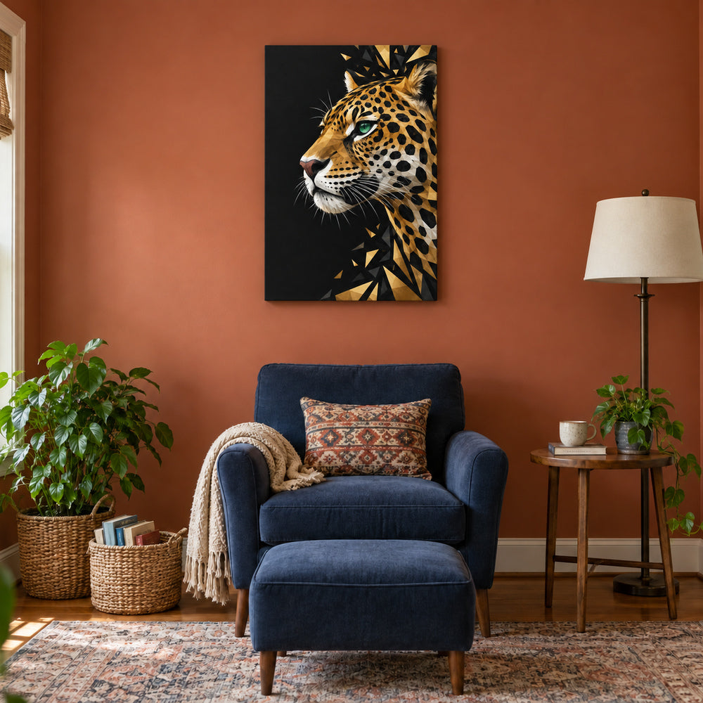low-poly jaguar profile stretched canvas room scene