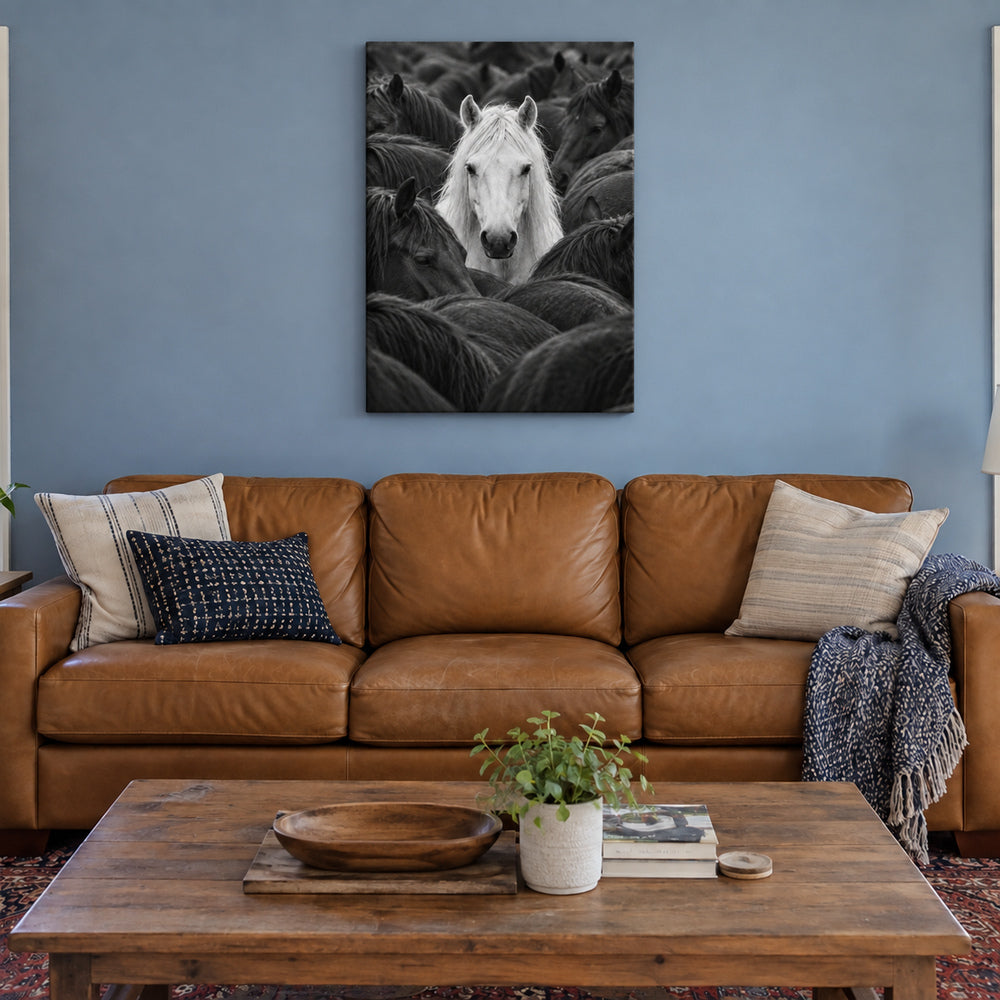 white horse centered in a dark herd black-and-white photograph stretched canvas room scene