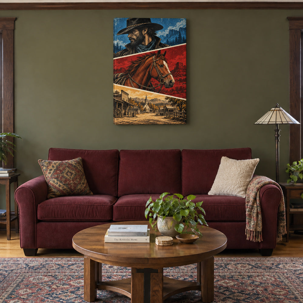 original cowboy horse and frontier buildings three-panel comic stretched canvas room scene