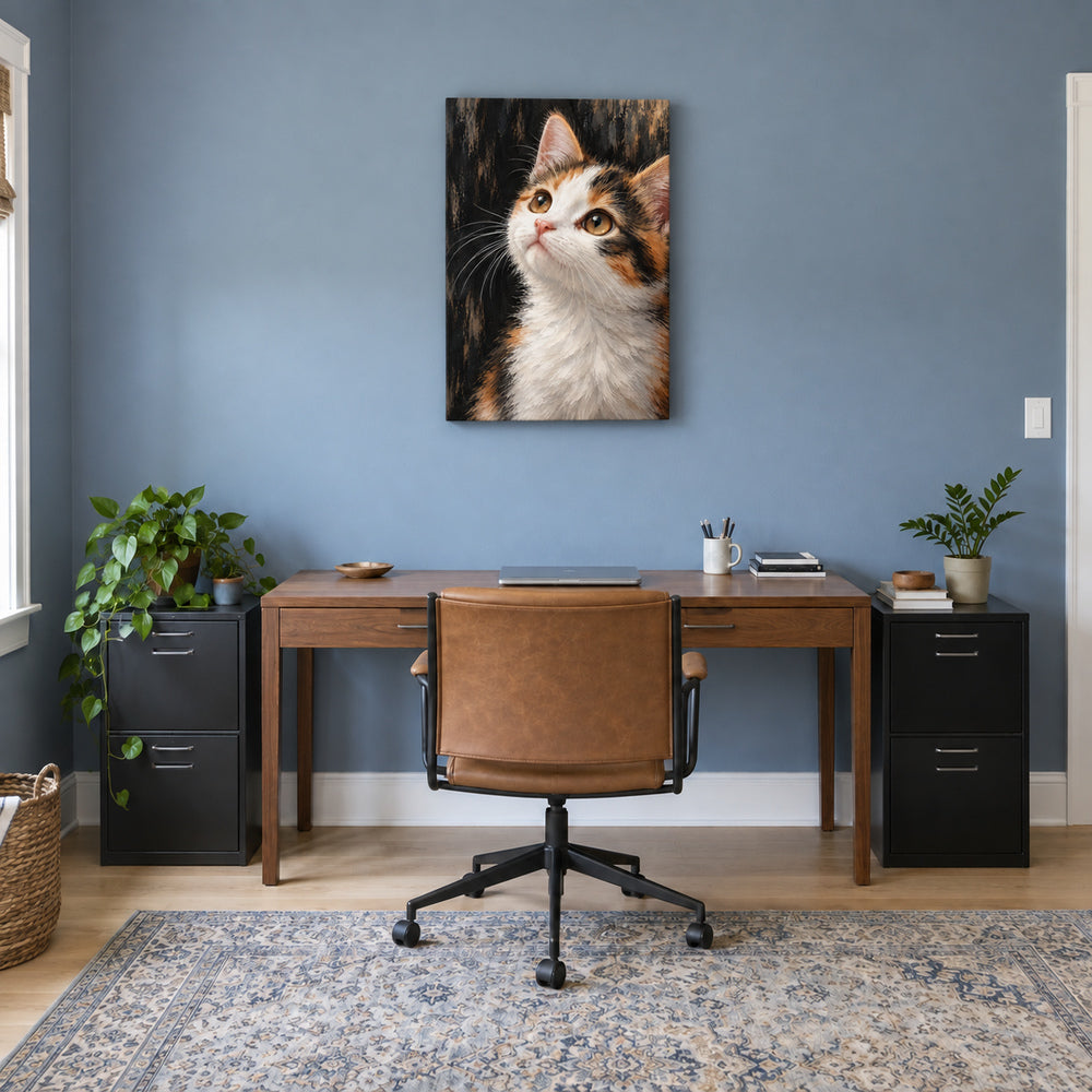 calico kitten oil-painting-style portrait stretched canvas room scene