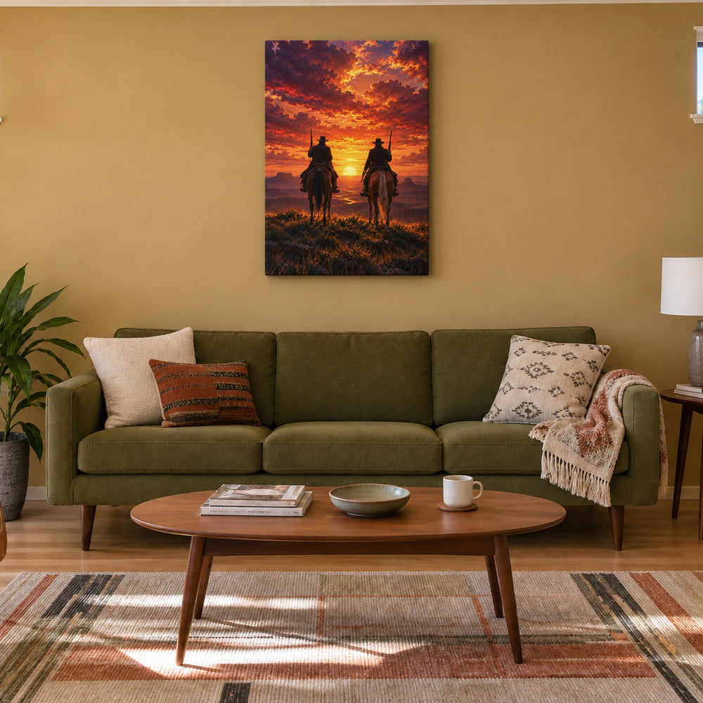 two anonymous cowboys in sunset silhouette stretched canvas room scene