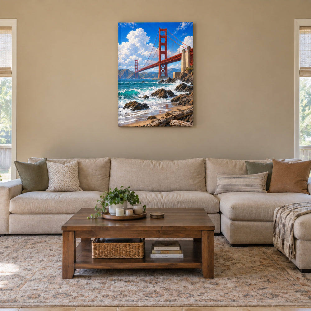 Golden Gate Bridge above rocky coast and breaking waves stretched canvas room scene