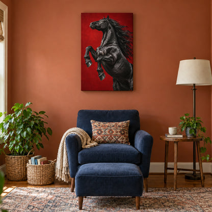 black rearing horse against deep red studio backdrop stretched canvas room scene