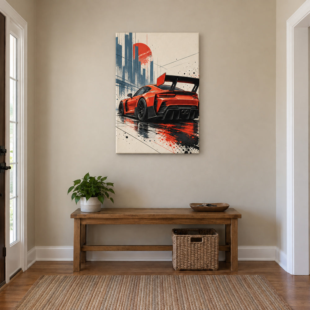 original red-orange track car comic artwork stretched canvas room scene