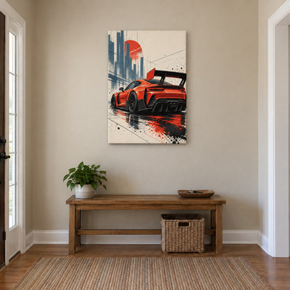 original red-orange track car comic artwork stretched canvas room scene