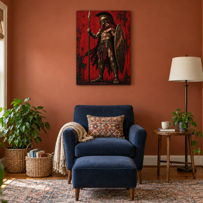 ancient Greek hoplite warrior in crimson grunge composition stretched canvas room scene