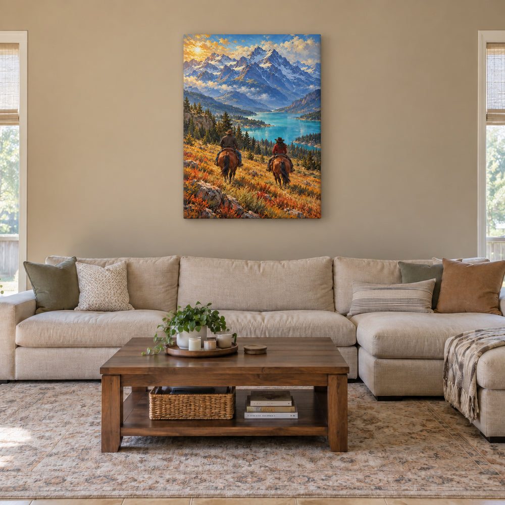 two anonymous Western riders in alpine lake valley stretched canvas room scene