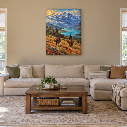 two anonymous Western riders in alpine lake valley stretched canvas room scene