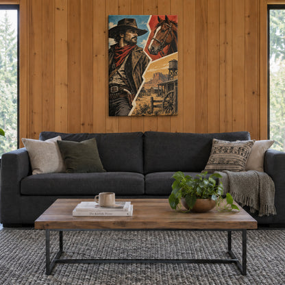 original cowboy horse and frontier buildings zigzag comic stretched canvas room scene