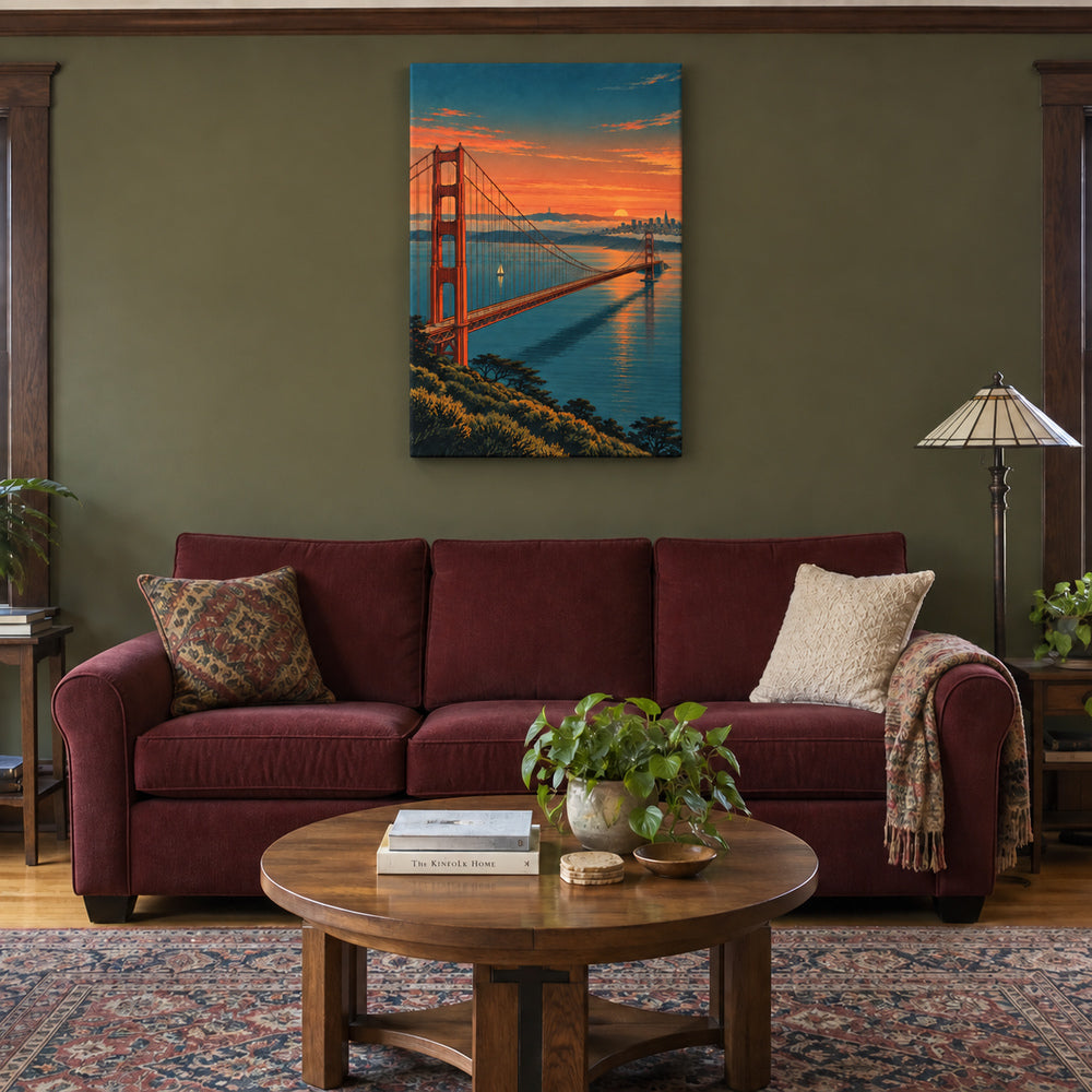 Golden Gate Bridge over bay at dusk from high overlook stretched canvas room scene