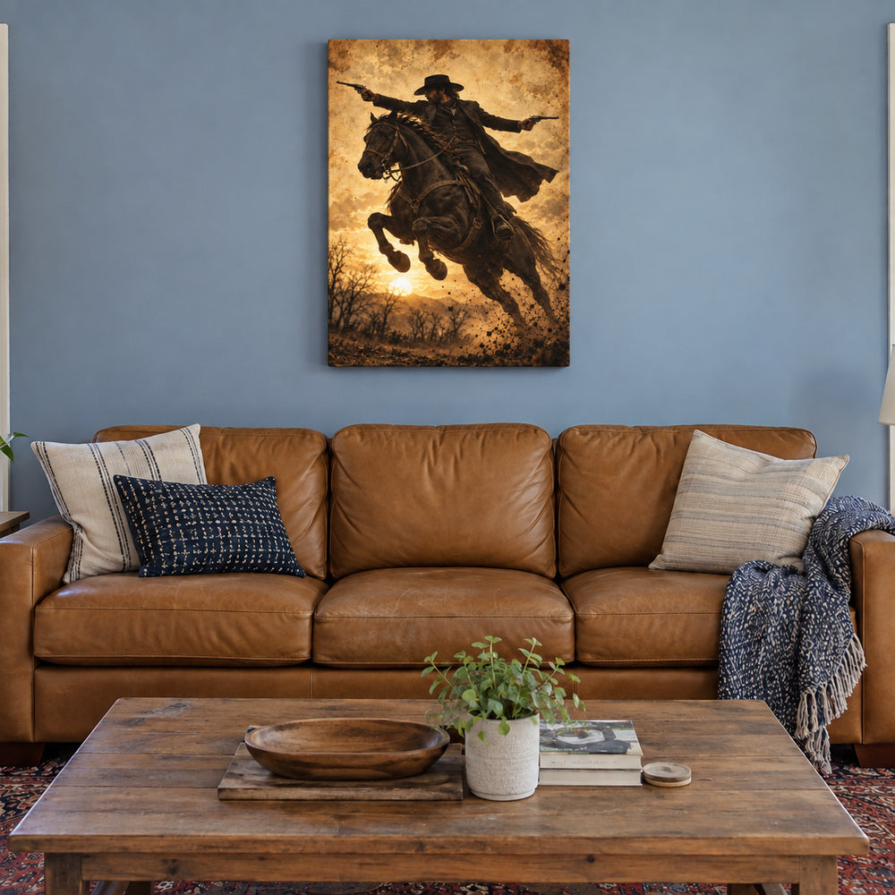 anonymous outlaw cowboy riding horse with twin revolvers stretched canvas room scene