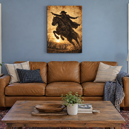 anonymous outlaw cowboy riding horse with twin revolvers stretched canvas room scene