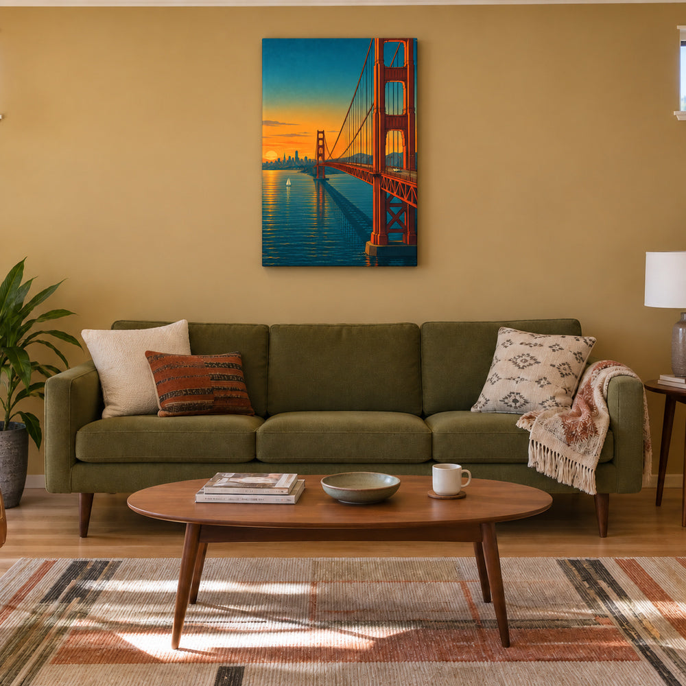 Golden Gate Bridge sunset travel poster from bridge deck stretched canvas room scene