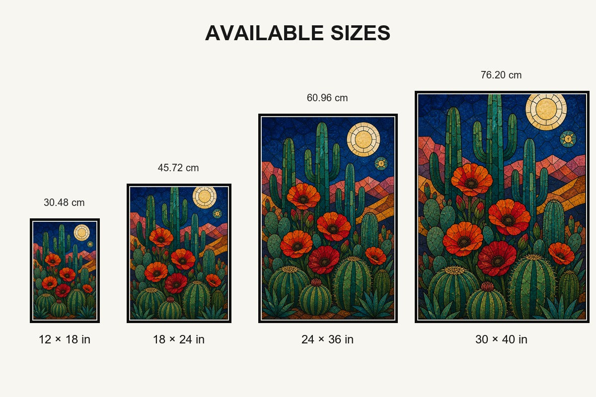 Stained Glass Desert Cactus and Poppy Wall Art | Available sizes comparison