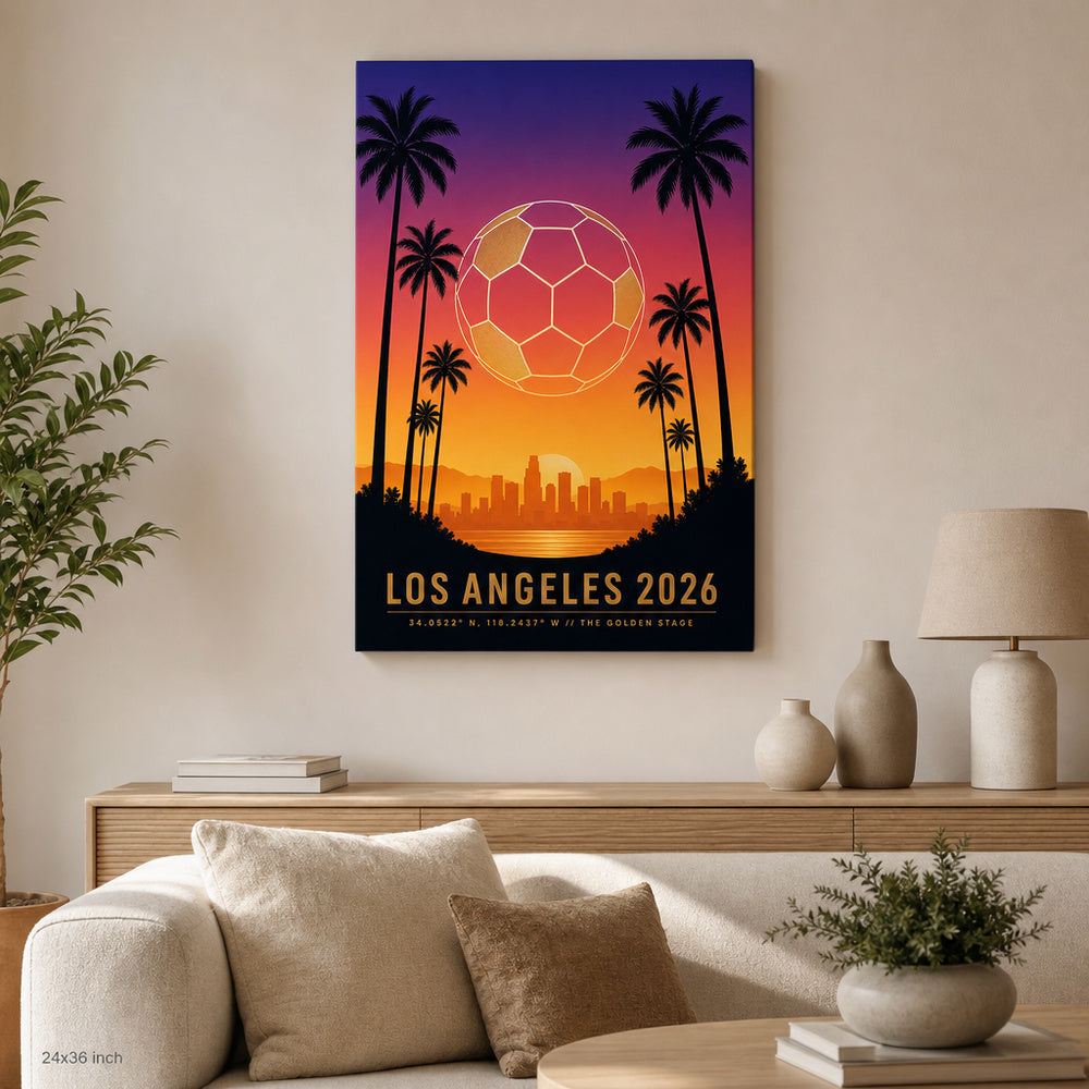Los Angeles 2026 Golden Stage Soccer Canvas Wall Art 05 24×36 inch wrapped canvas wall mockup