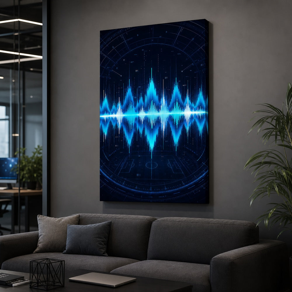 Blue Cyan Tech Soundwave Soccer Canvas Wall Art 24×36 inch wrapped canvas wall mockup