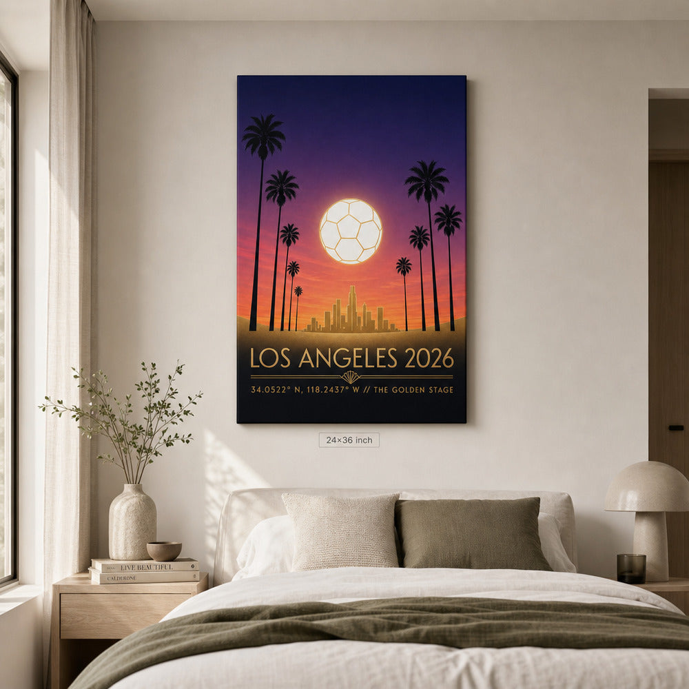 Los Angeles 2026 Golden Stage Soccer Canvas Wall Art 03 24×36 inch wrapped canvas wall mockup