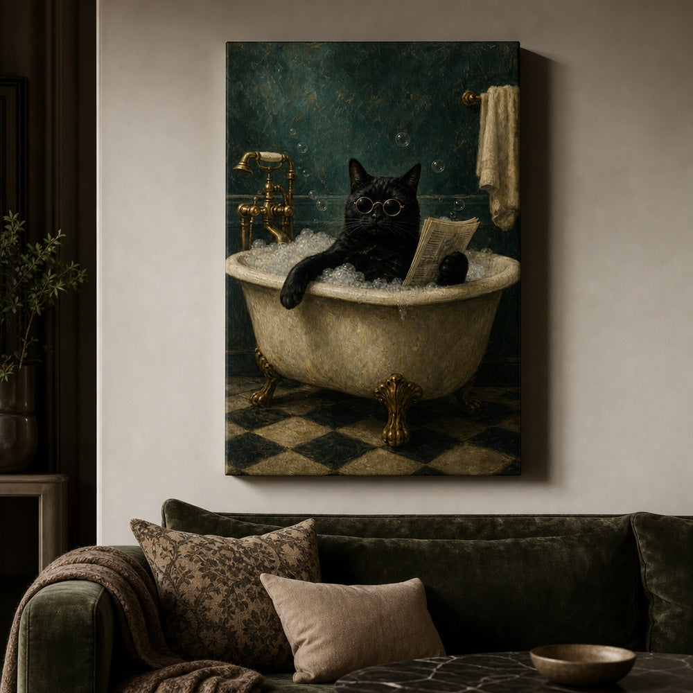 Funny Black Cat Bathtub Canvas Wall Art 01 24×36 inch wrapped canvas wall mockup