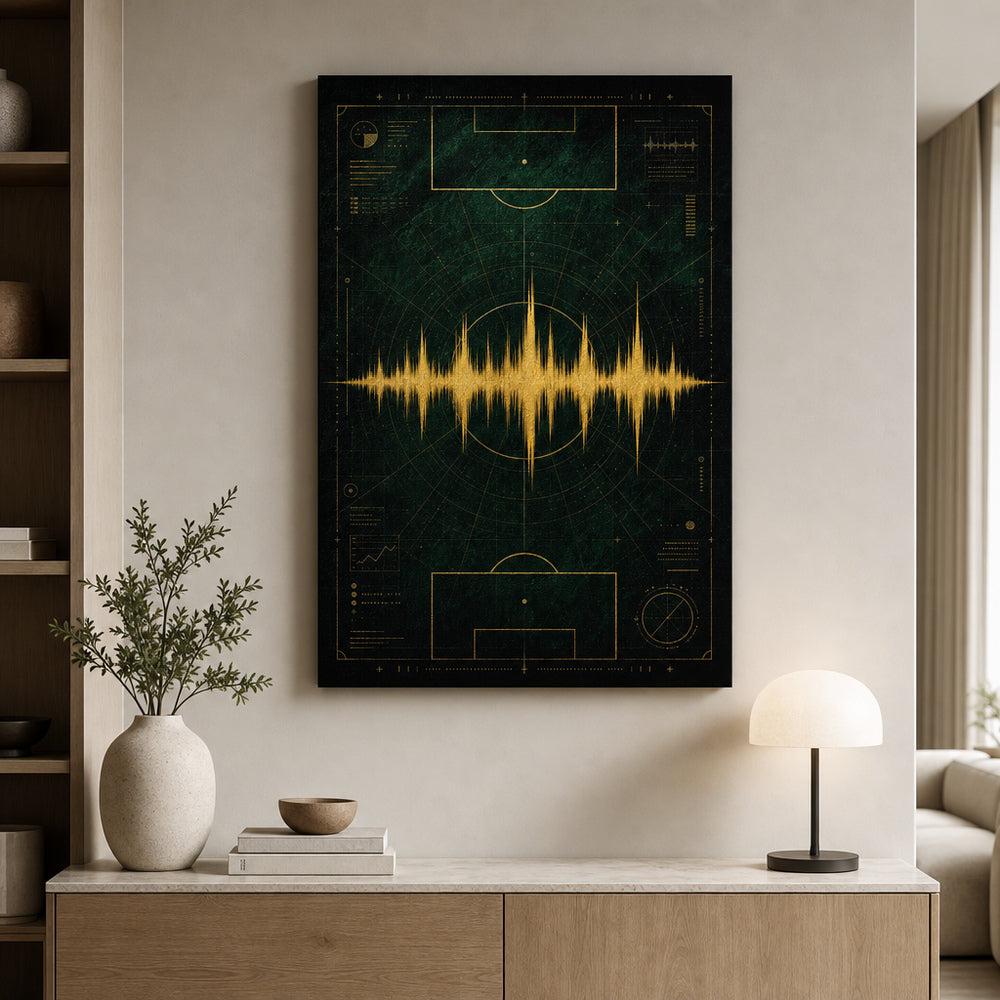 Emerald Gold Coordinate Soundwave Soccer Canvas Wall Art 24×36 inch wrapped canvas wall mockup